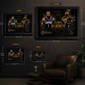 Clipper Control basketball wall art size guide showing S, M, L and XL framed dimensions