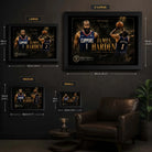 Clipper Control basketball wall art size guide showing S, M, L and XL framed dimensions