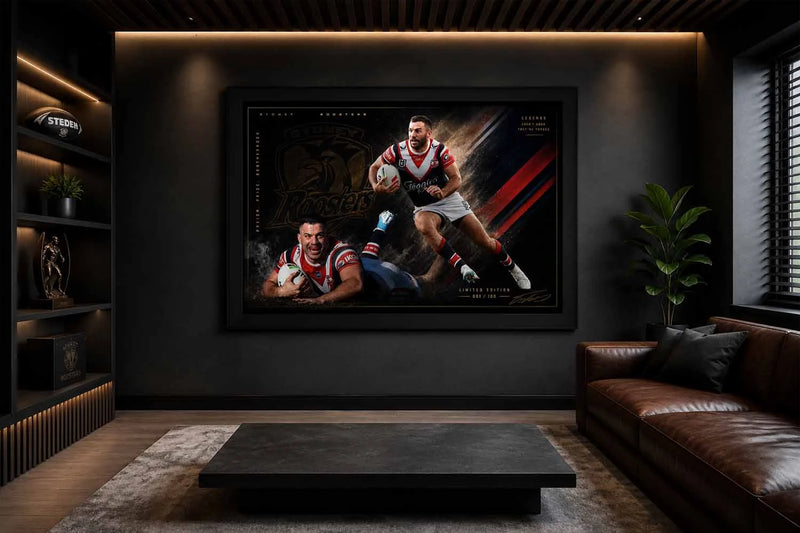 James Tedesco Sydney Roosters man cave wall décor displayed in a luxury modern sports lounge setting.