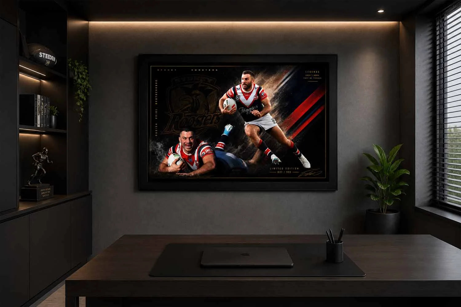 James Tedesco rugby sports wall art showcased in a sleek modern office with minimalist collector styling.