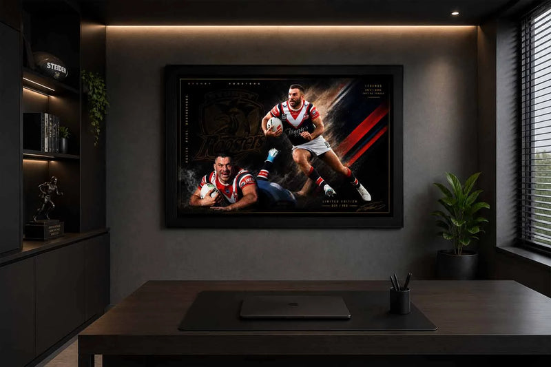 James Tedesco rugby sports wall art showcased in a sleek modern office with minimalist collector styling.