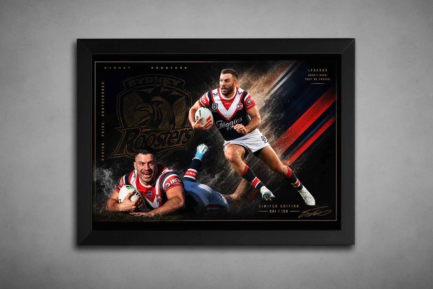 James Tedesco Sydney Roosters framed sports wall art in a premium black frame with bold rugby action design.
