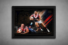 James Tedesco Sydney Roosters framed sports wall art in a premium black frame with bold rugby action design.