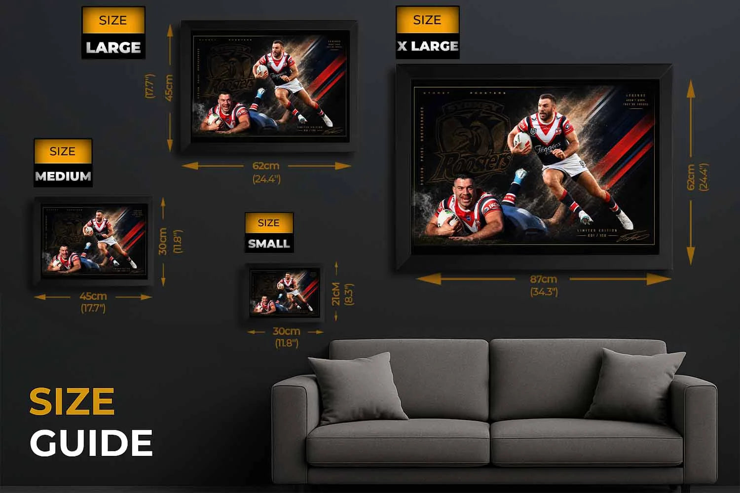 James Tedesco Sydney Roosters framed sports memorabilia size guide showing small to extra large print options.
