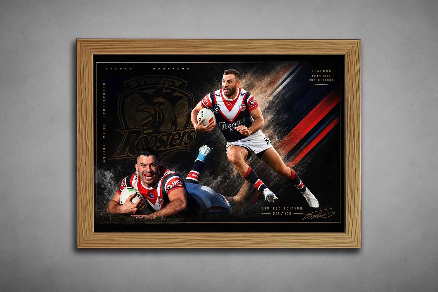 James Tedesco Sydney Roosters sports wall art presented in a premium oak timber frame with bold action imagery.