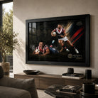 James Tedesco Sydney Roosters rugby league wall art in a black frame above a timber console in a warm modern living room.
