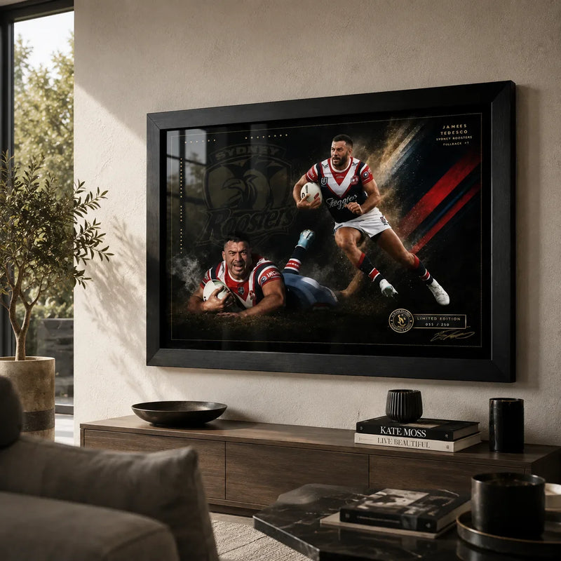 James Tedesco Sydney Roosters rugby league wall art in a black frame above a timber console in a warm modern living room.