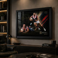 James Tedesco Sydney Roosters rugby league wall art in a black frame displayed in a dark modern man cave with timber cabinetry.