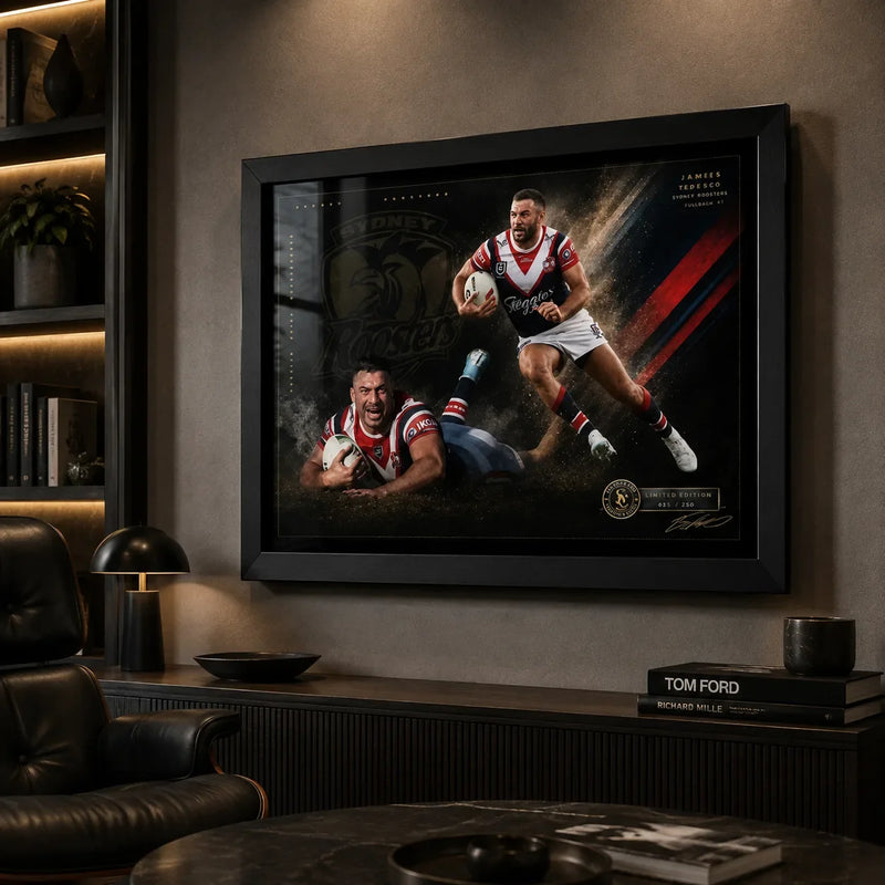 James Tedesco Sydney Roosters rugby league wall art in a black frame displayed in a dark modern man cave with timber cabinetry.