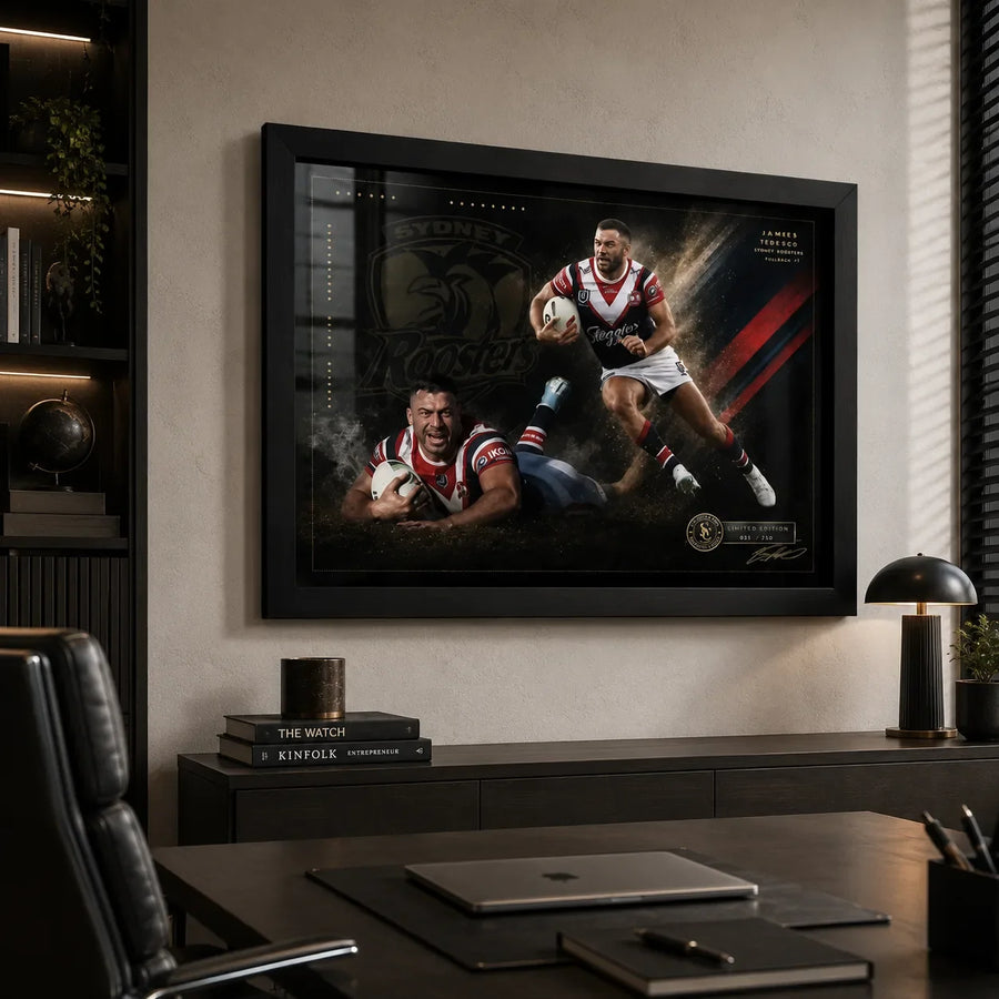 James Tedesco Sydney Roosters rugby league wall art in a black frame above a credenza in a modern office with a timber desk.