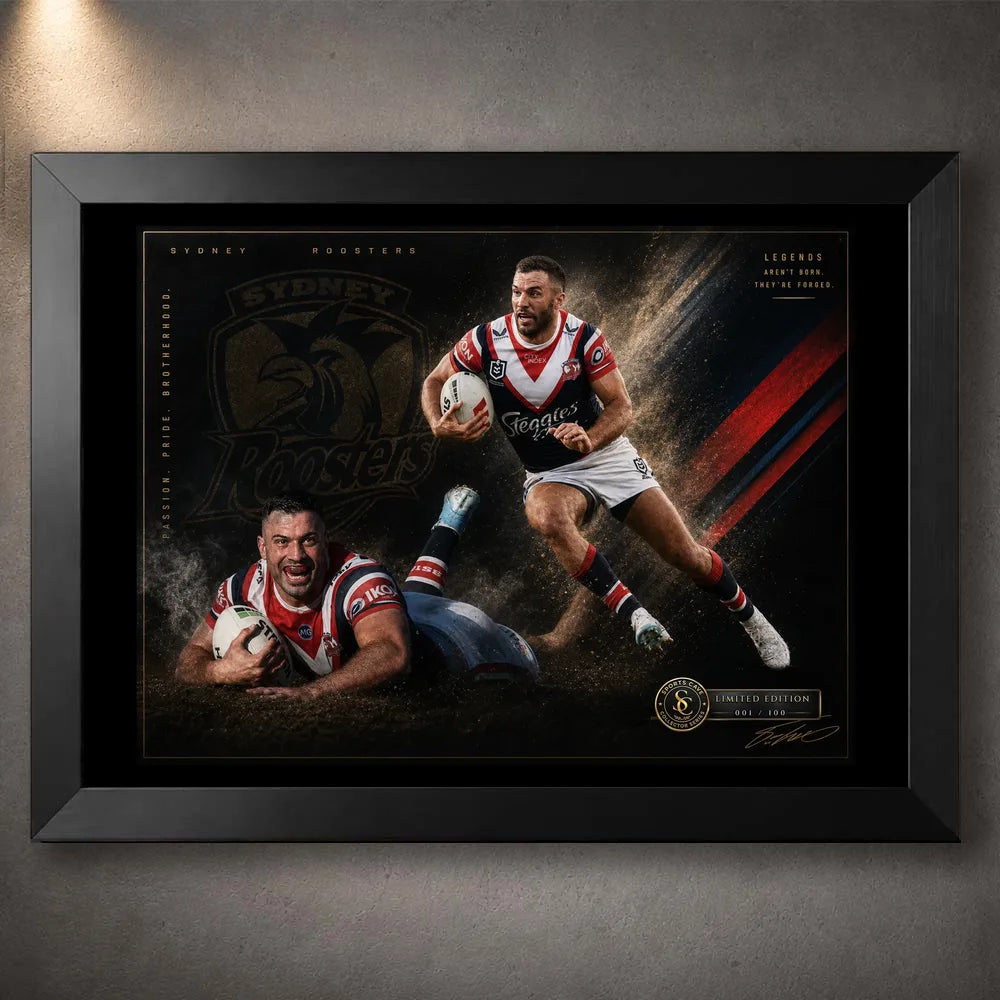 Black framed James Tedesco Sydney Roosters rugby league wall art with two action portraits on a dark red, white and gold design.