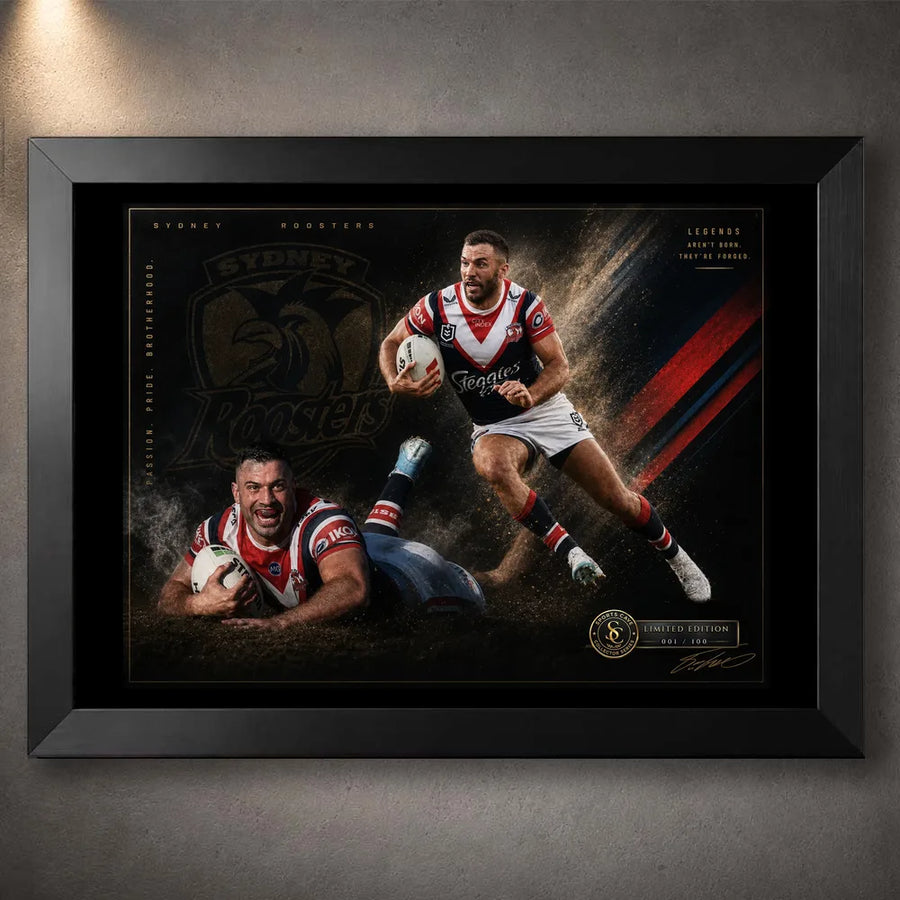 Black framed James Tedesco Sydney Roosters rugby league wall art with two action portraits on a dark red, white and gold design.