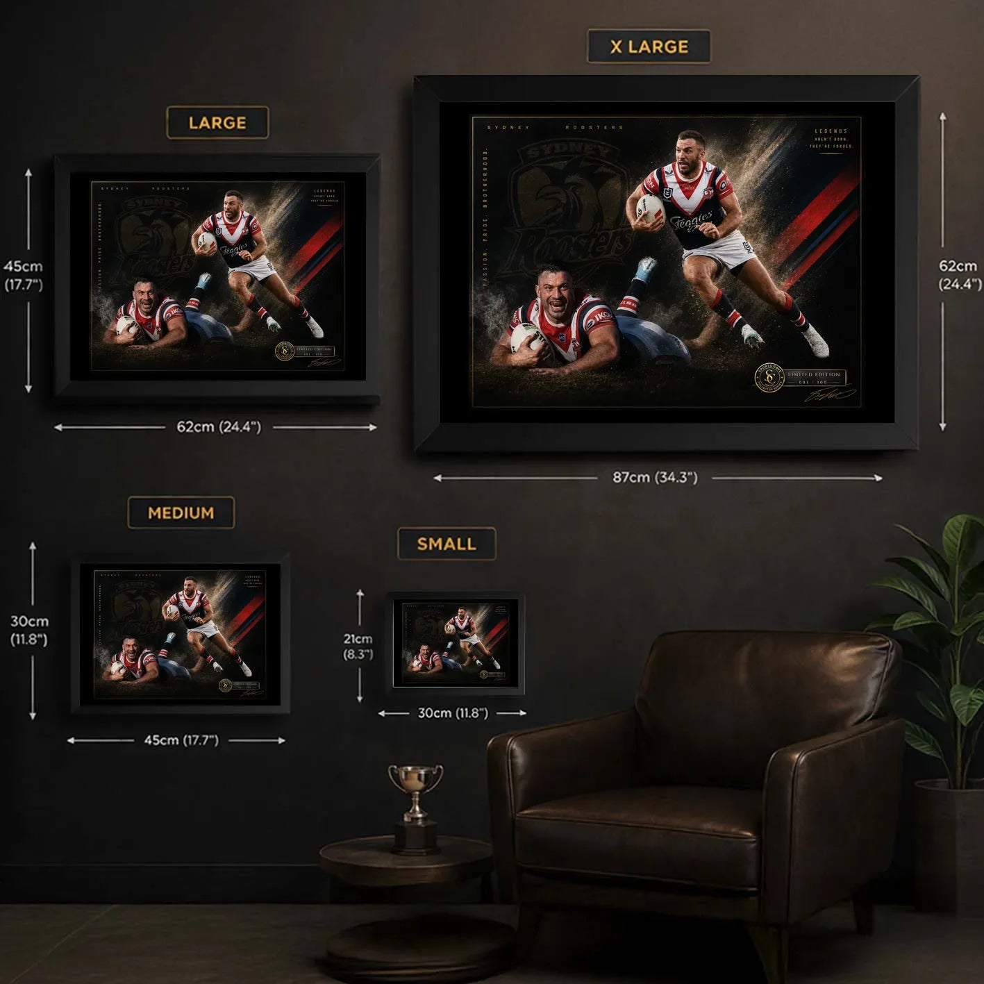 James Tedesco Sydney Roosters wall art size guide showing Small, Medium, Large and X Large framed dimensions in centimetres and inches.