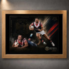 Oak framed James Tedesco Sydney Roosters rugby league wall art with two action portraits on a dark red, white and gold design.