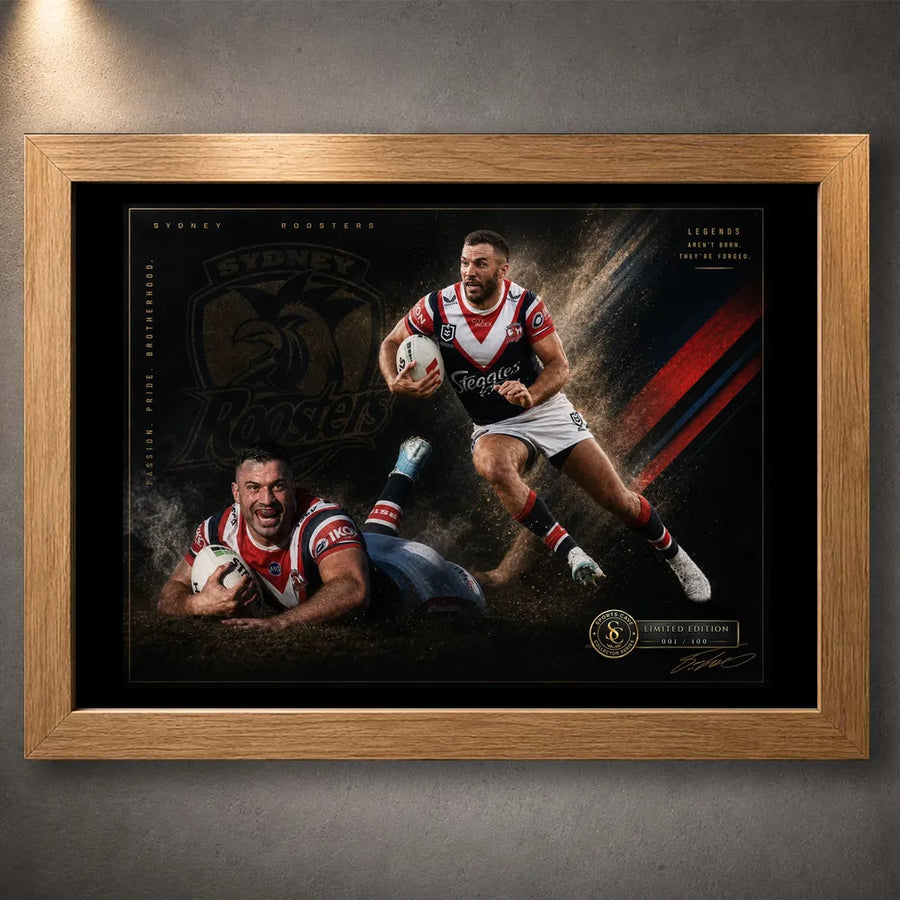 Oak framed James Tedesco Sydney Roosters rugby league wall art with two action portraits on a dark red, white and gold design.