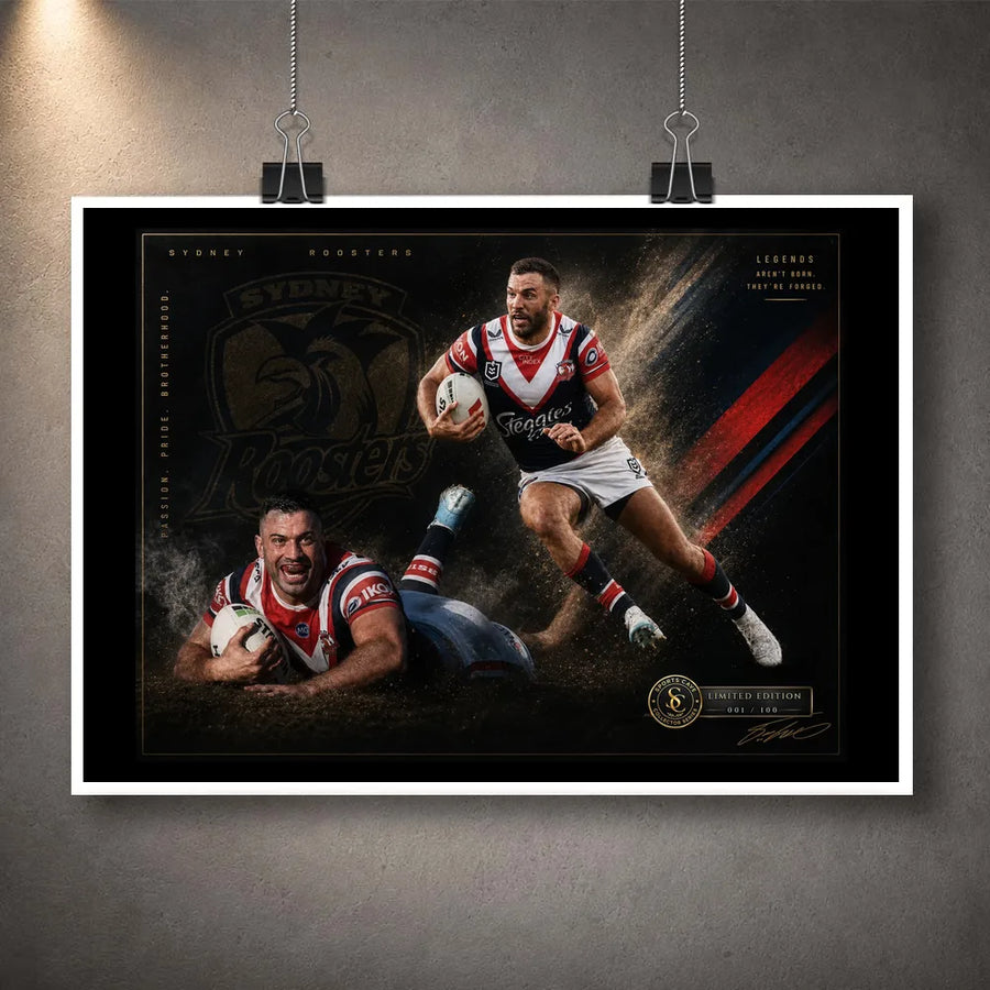 Unframed James Tedesco Sydney Roosters rugby league wall art print with two action portraits on a dark red, white and gold design.