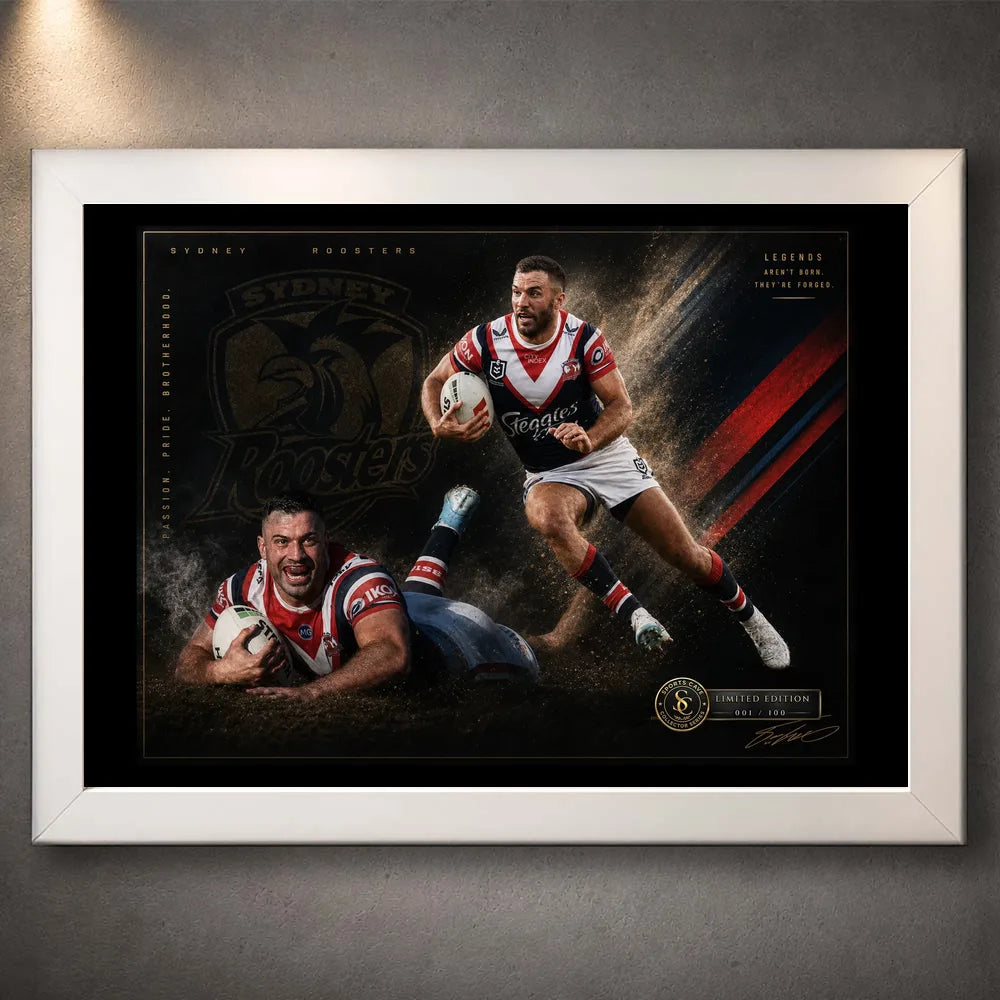 White framed James Tedesco Sydney Roosters rugby league wall art with two action portraits on a dark red, white and gold design.