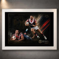 White framed James Tedesco Sydney Roosters rugby league wall art with two action portraits on a dark red, white and gold design.