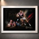 White framed James Tedesco Sydney Roosters rugby league wall art with two action portraits on a dark red, white and gold design.