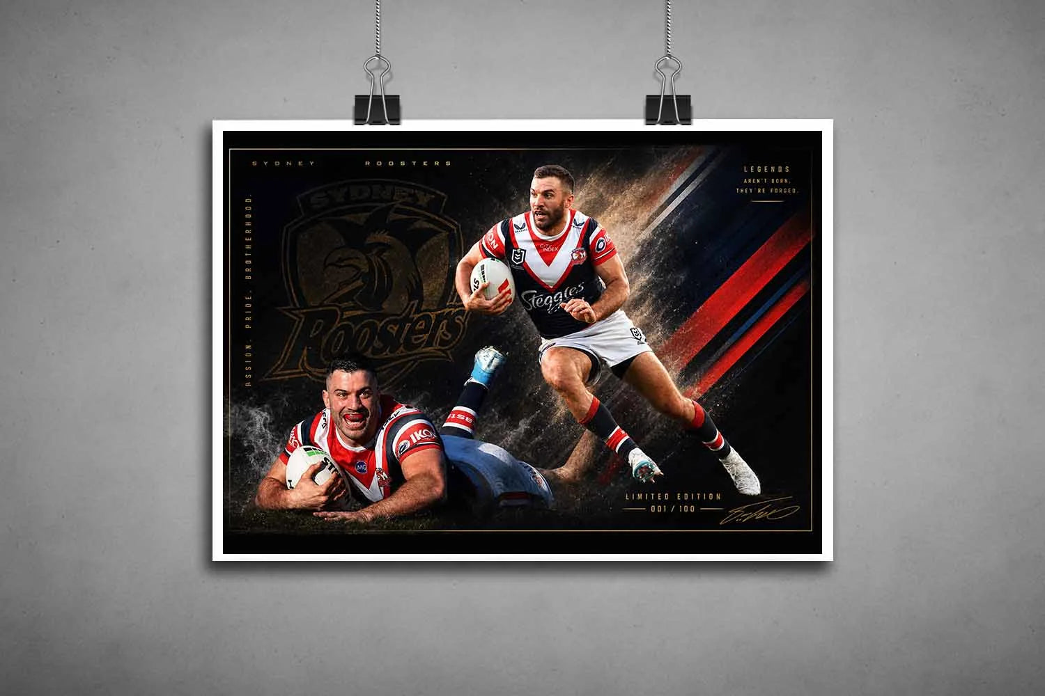 James Tedesco Sydney Roosters unframed limited edition sports prints featuring dynamic rugby league artwork.