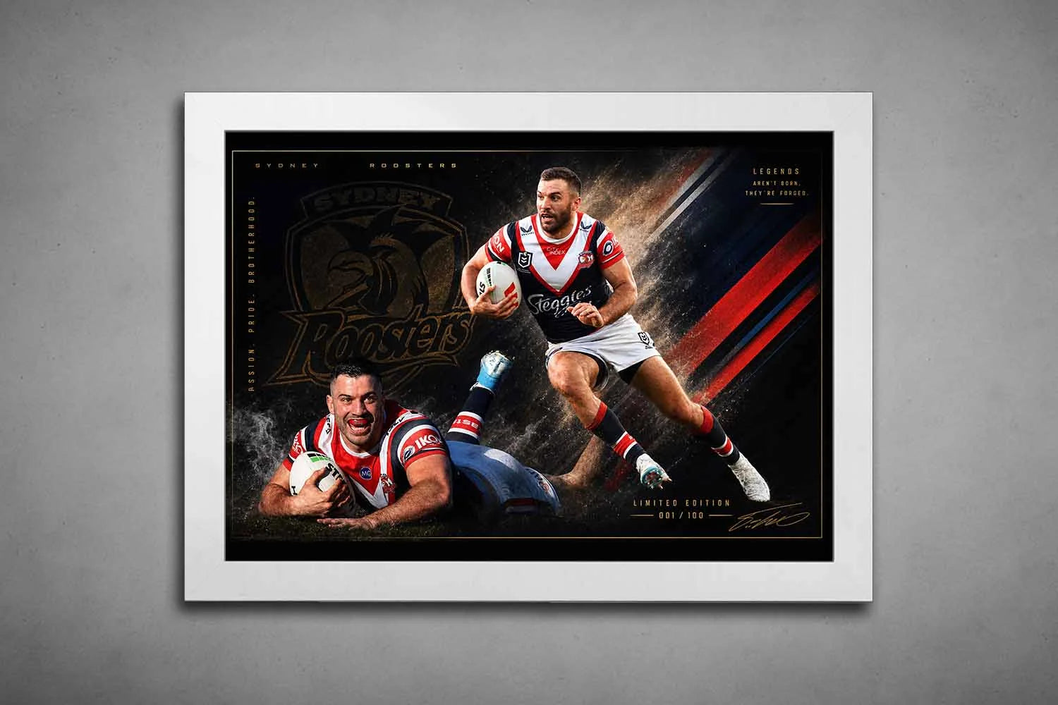 James Tedesco Sydney Roosters framed sports art displayed in a clean white frame with premium finish.