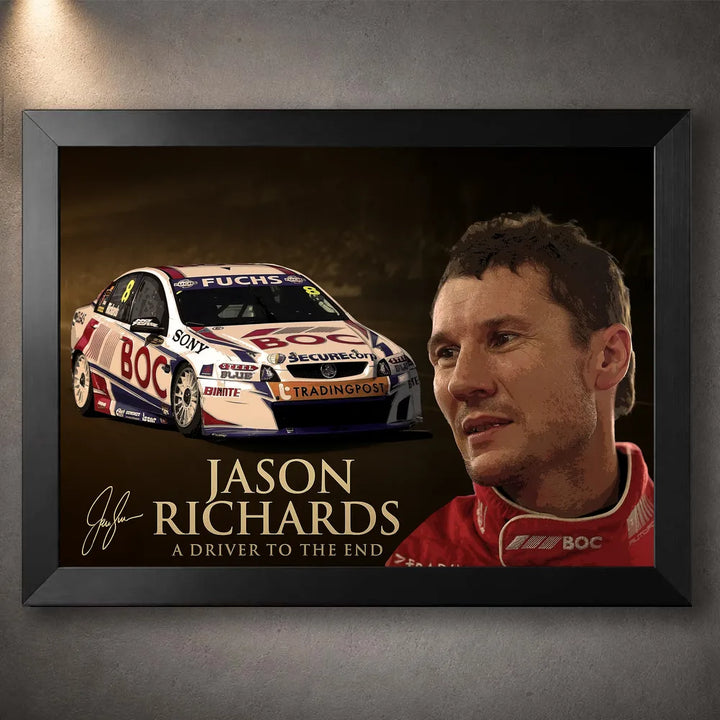 Jason Richards motorsport wall art in a black frame, featuring his portrait and BOC race car on a dark backdrop.
