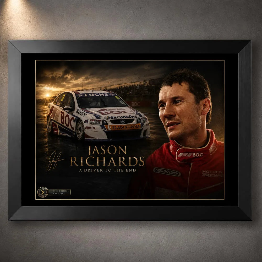 Jason Richards motorsport wall art in a black frame, featuring his portrait and BOC race car against a dramatic dark backdrop.
