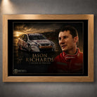 Jason Richards motorsport wall art in an oak frame, featuring his portrait and BOC race car on a dramatic dark background.