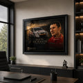 Black framed Jason Richards motorsport wall art displayed in a modern office above dark cabinetry and a timber desk.