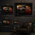 Jason Richards motorsport wall art size guide showing Small, Medium, Large and XL framed dimensions in centimetres and inches.