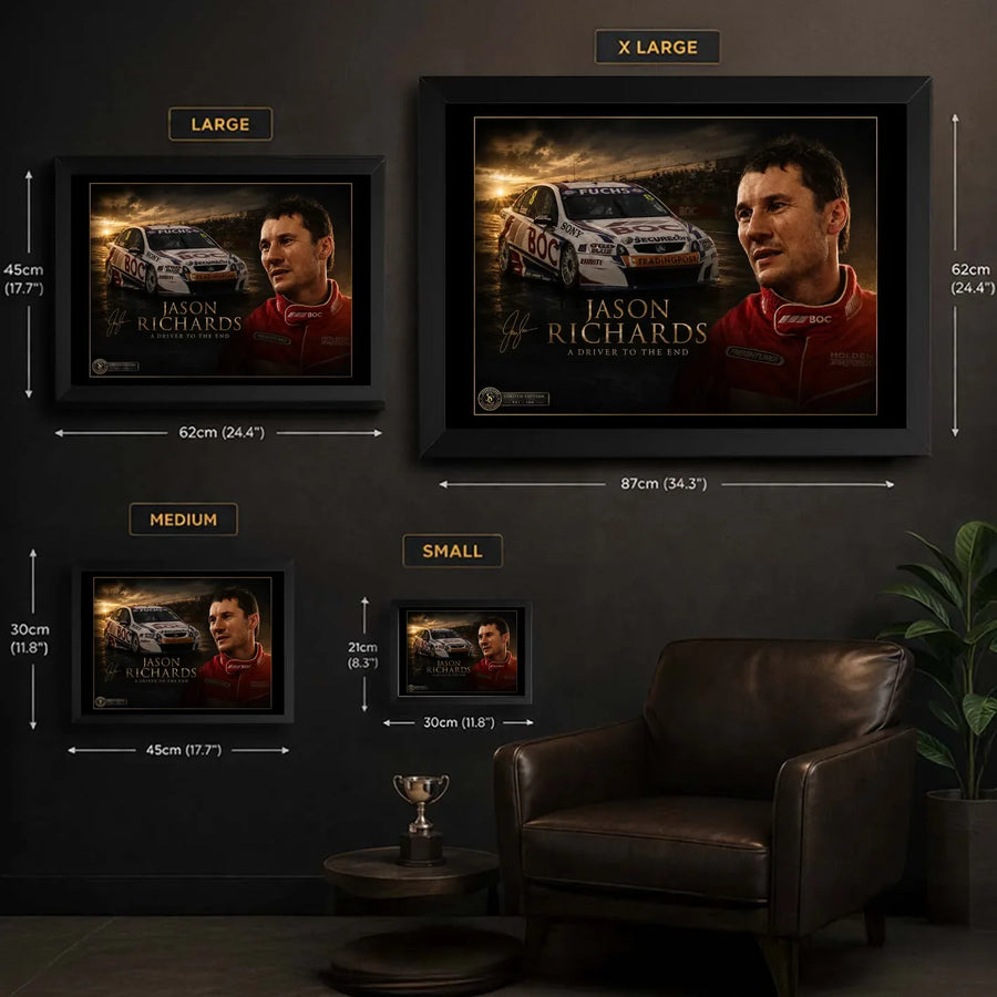 Jason Richards motorsport wall art size guide showing Small, Medium, Large and XL framed dimensions in centimetres and inches.