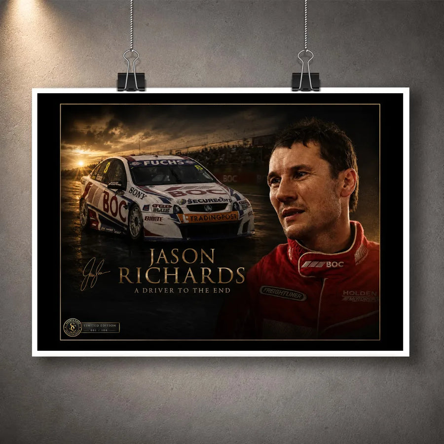Unframed Jason Richards motorsport wall art clipped on a grey wall, featuring his portrait, BOC race car and artwork title.