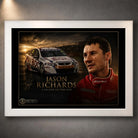 Jason Richards motorsport wall art in a white frame, featuring his portrait and BOC race car against a dark background.