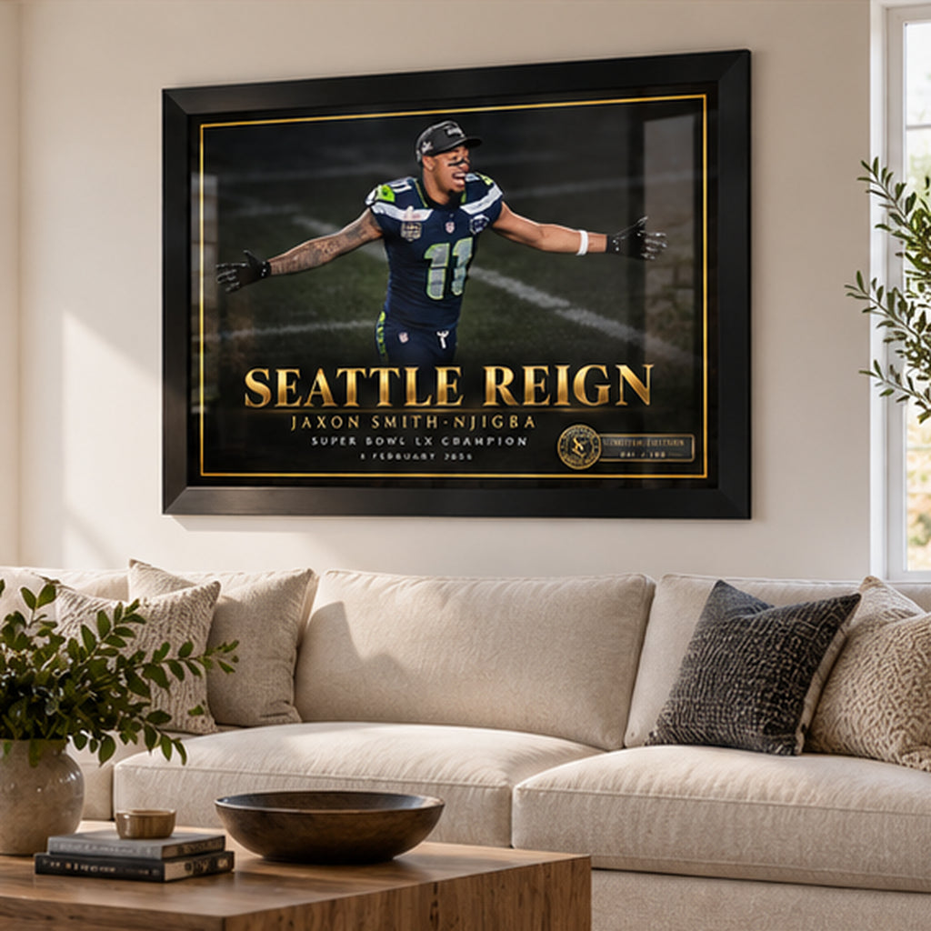 Seattle Reign NFL collector edition above a cream sofa in a light-filled living room.