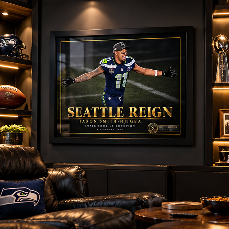 Seattle Reign Jaxon Smith-Njigba framed edition displayed in a dark Seahawks-themed man cave with leather seating.