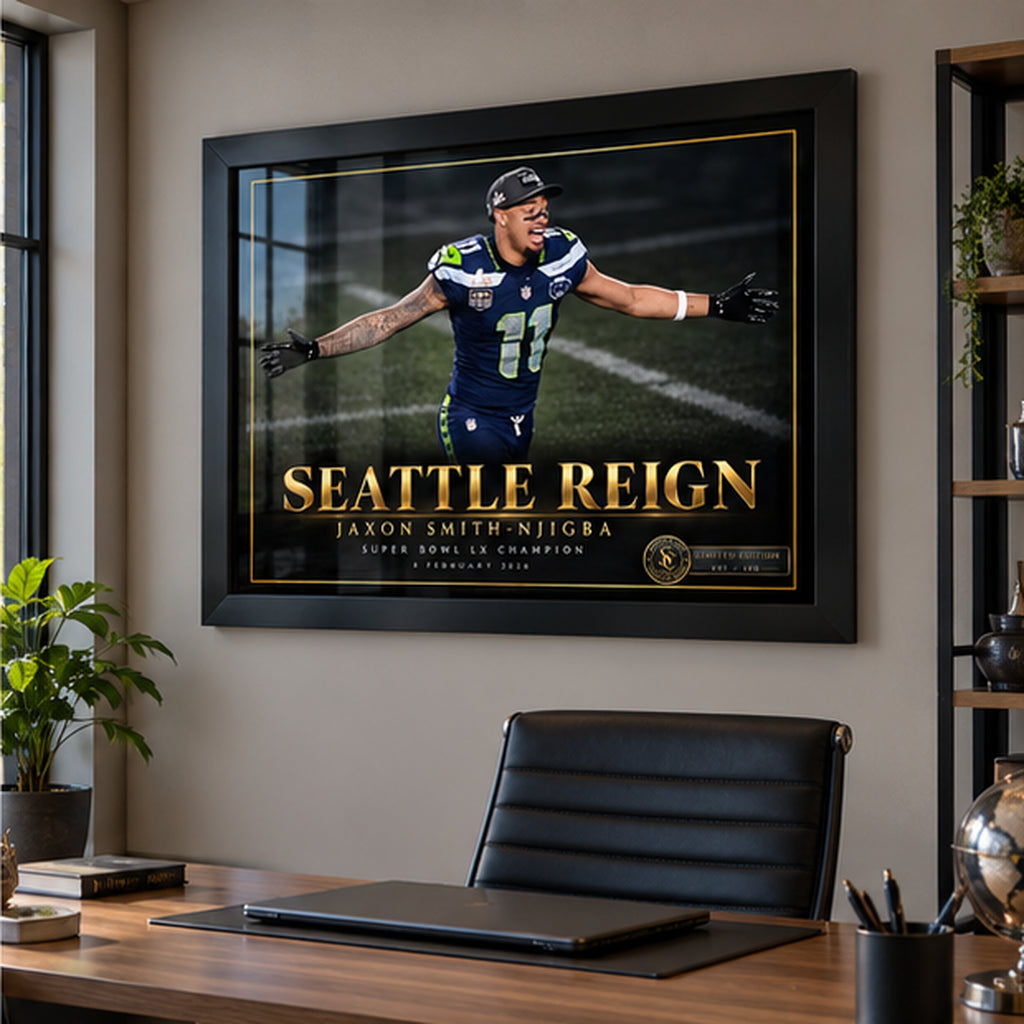 Black-framed Seattle Reign championship edition displayed above a desk in a bright home office.
