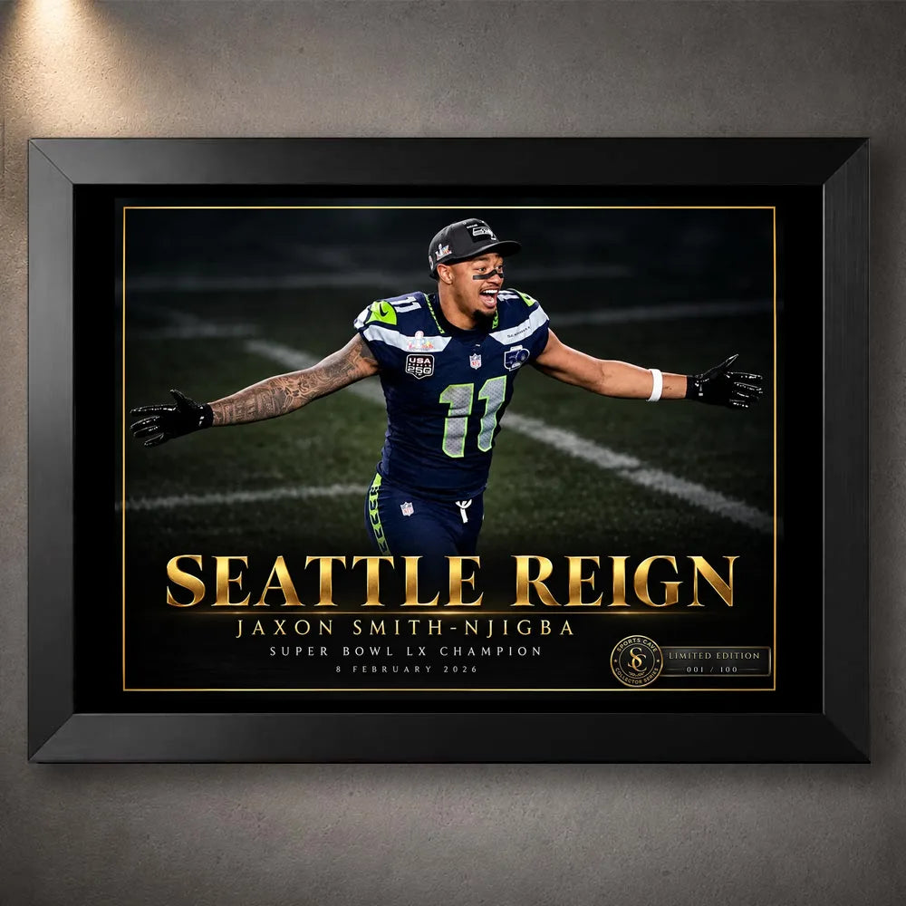 Jaxon Smith-Njigba Seattle Reign NFL championship edition in a black frame, showing the Seahawks receiver celebrating.