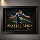 Jaxon Smith-Njigba Seattle Reign NFL championship edition in a black frame, showing the Seahawks receiver celebrating.