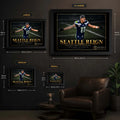 Size guide for Seattle Reign framed NFL edition, displaying XL, large, medium and small options and dimensions.