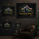 Size guide for Seattle Reign framed NFL edition, displaying XL, large, medium and small options and dimensions.