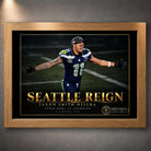 Jaxon Smith-Njigba Seattle Reign NFL edition in an oak frame, featuring gold championship lettering.