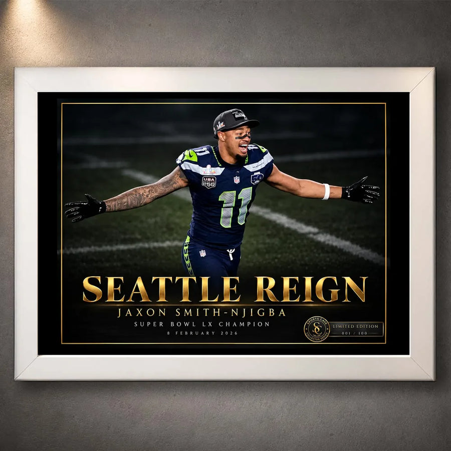 Jaxon Smith-Njigba Seattle Reign collector edition in a white frame with black and gold design.