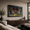 Jaylen Brown Finals MVP basketball wall art in a modern living room above a timber console and neutral seating.