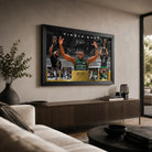 Jaylen Brown Finals MVP basketball wall art in a modern living room above a timber console and neutral seating.