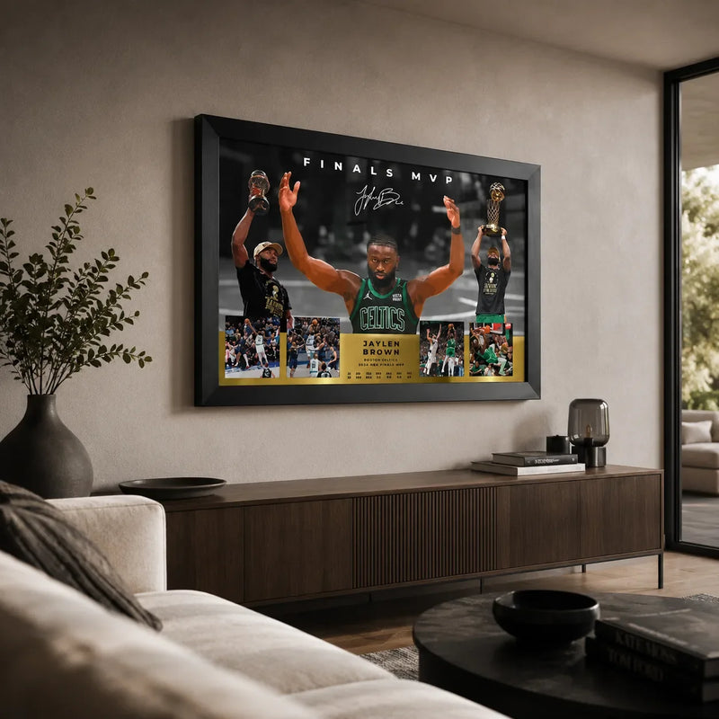 Jaylen Brown Finals MVP basketball wall art in a modern living room above a timber console and neutral seating.