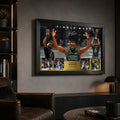 Jaylen Brown Finals MVP basketball wall art displayed in a dark man cave with leather seating and illuminated shelving.