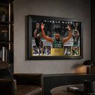 Jaylen Brown Finals MVP basketball wall art displayed in a dark man cave with leather seating and illuminated shelving.
