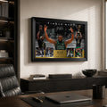 Jaylen Brown Finals MVP basketball wall art mounted in a modern office above a black cabinet and timber desk.