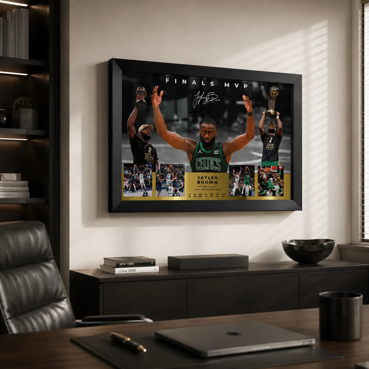 Jaylen Brown Finals MVP basketball wall art mounted in a modern office above a black cabinet and timber desk.