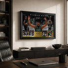 Jaylen Brown Finals MVP basketball wall art mounted in a modern office above a black cabinet and timber desk.